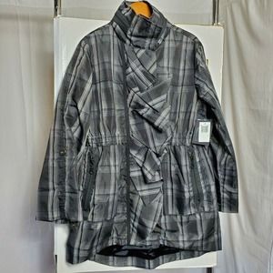 G.E.T.! EQUIP. GENERAL TECHNIQUE! RUFFLE FRONT COAT, JACKET, PLAID! SZ L